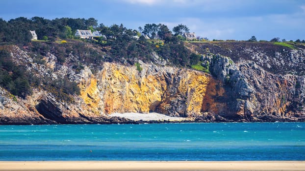 Beautiful village of Morgat with the sand beach and rocky coastline, Finistere, Brittany (Bretagne), France.