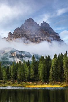 Antorno lake with famous Tre Cime di Lavaredo (Drei Zinnen) mount. Dolomite Alps, Province of Belluno, Italy, Europe. Beauty of nature concept background.