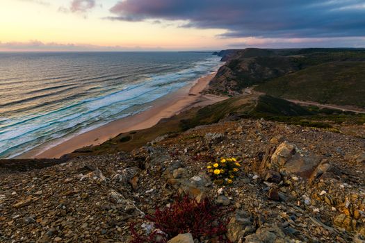 Praia da Cordoama at sunset. Praia do Cordoama near Vila do Bispo in the Algarve. Cordoama beach, West Atlantic coast of Algarve region, south of Portugal. Located in Vila do Bispo municipality.