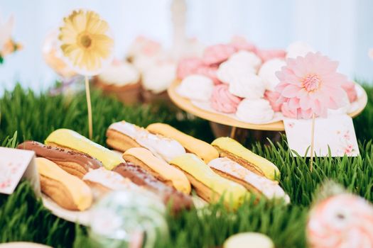 Marshmallow and cake on grass decorated candy bar