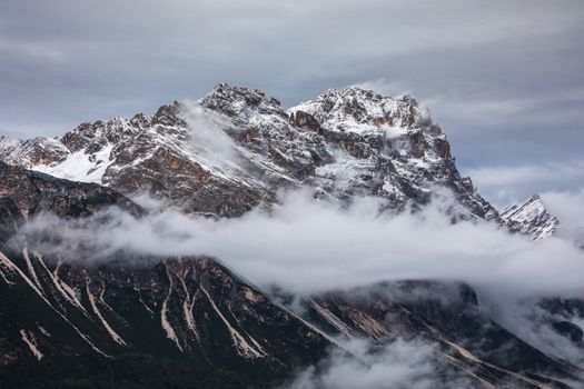 Panorama of Boite Valley with Monte Antelao, the highest mountain in the eastern Dolomites in northeastern Italy, southeast of the town of Cortina d'Ampezzo, in the region of Cadore, Italy.