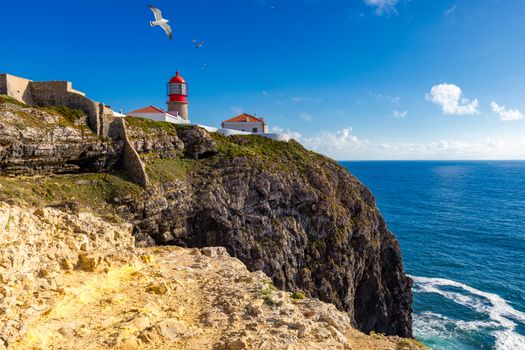 Lighthouse of Cabo Sao Vicente, Sagres, Portugal. Farol do Cabo Sao Vicente (built in october 1851) Cabo de Sao Vicente is the South Western tip of Europe, Sagres, Portugal.