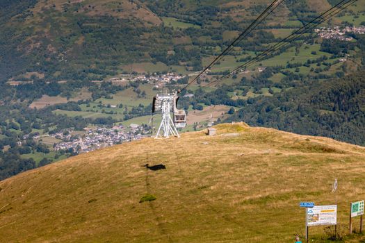 Saint Lary Soulan, France - August 20, 2018: cable car that connects directly the city center of Saint Lary to the station in winter for skiing and in summer for the downhill bike