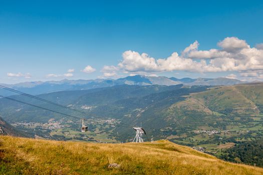 Saint Lary Soulan, France - August 20, 2018: cable car that connects directly the city center of Saint Lary to the station in winter for skiing and in summer for the downhill bike