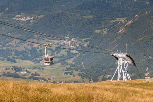 Saint Lary Soulan, France - August 20, 2018: cable car that connects directly the city center of Saint Lary to the station in winter for skiing and in summer for the downhill bike