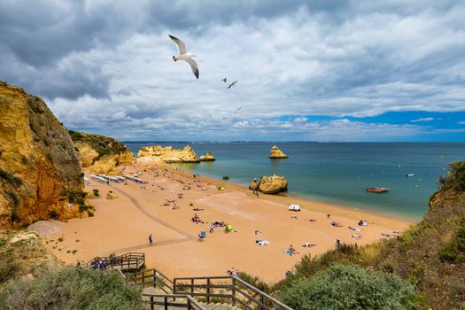 Wooden walkway to famous Praia Dona Ana beach with turquoise sea water and cliffs, flying seagulls over the beach, Portugal. Beautiful Dona Ana Beach (Praia Dona Ana) in Lagos, Algarve, Portugal.