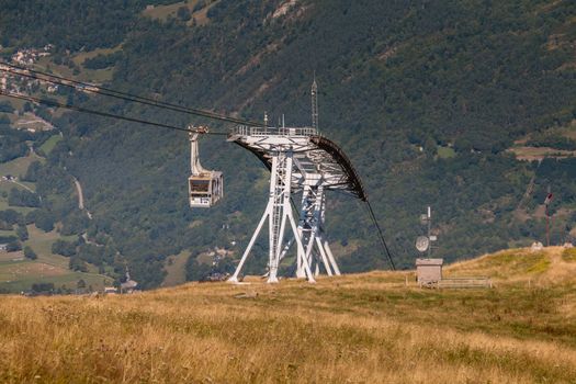 Saint Lary Soulan, France - August 20, 2018: cable car that connects directly the city center of Saint Lary to the station in winter for skiing and in summer for the downhill bike