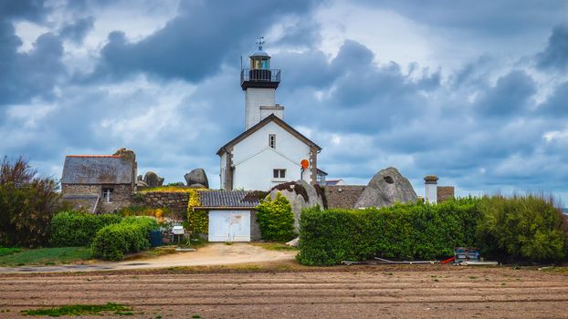 Pontusval lighthouse (Phare de Pontusval) at Brignogan-Plages, Finistere. Brittany (Bretagne), France