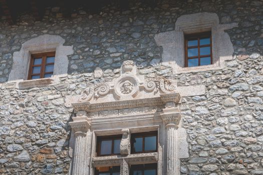 bielsa, spain - August 21, 2018: architectural detail of the town hall in the city center on a summer day