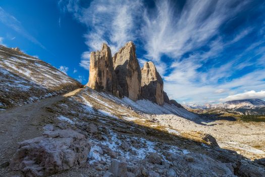 View of the National Park Tre Cime di Lavaredo, Dolomites, South Tyrol. Location Auronzo, Italy, Europe. Dramatic cloudy sky. Beauty world.