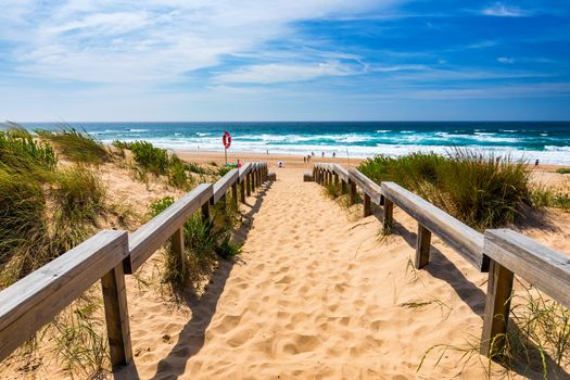 View of the Monte Clerigo beach on the western coastline of Portugal, Algarve. Stairs to beach Praia Monte Clerigo near Aljezur, Costa Vicentina, Portugal, Europe.