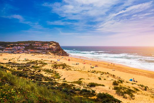 View of the Monte Clerigo beach on the western coastline of Portugal, Algarve. Stairs to beach Praia Monte Clerigo near Aljezur, Costa Vicentina, Portugal, Europe.