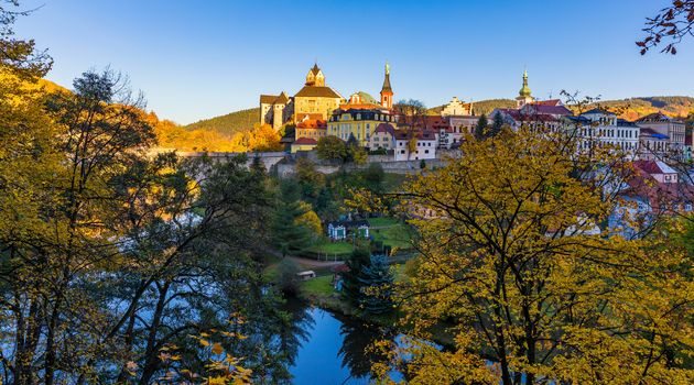Colorful town and Castle Loket over Eger river in the near of Karlovy Vary, Czech Republic