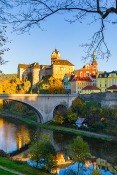 Colorful town and Castle Loket over Eger river in the near of Karlovy Vary, Czech Republic