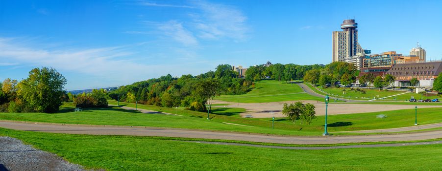 Quebec City, Canada - September 27, 2018: Panoramic view of the Plains of Abraham park, with locals and visitors, in Quebec City, Quebec, Canada