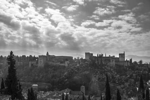 Granada - The Alhambra palace and fortress complex. Black and white image