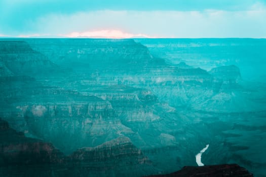 Colors and layers from the southern rim of Grand Canyon National Park in Arizona, USA.Teal and orange view.