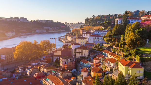 Scenic view of the Porto Old Town pier architecture over Duoro river in Porto, Portugal