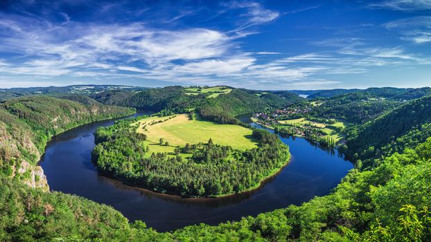 View of Vltava river horseshoe shape meander from Solenice viewpoint, Czech Republic