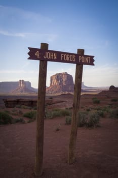 Monument Valley, view from John Fords Point to scenic buttes with the memorial of the soldier Cly in Monument Valley, USA.