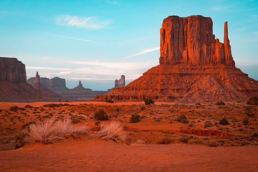 Sunset view at Monument Valley, Arizona, USA. Teal and orange style