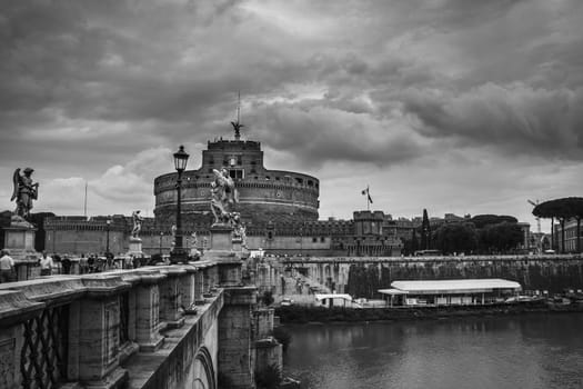 Castel Sant'Angelo and the Tiber river in Rome. Black and white image