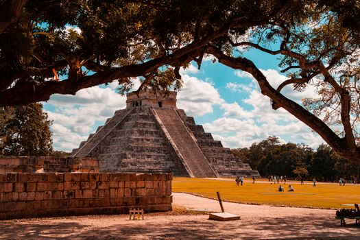 Teal and orange look of Kukulkan pyramid in Chichen Itza. This is one of the most important buildings in the ancient city. The Pre-Hispanic City of Chichen-Itza was declared a World Heritage site by UNESCO ref. 483