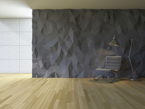 3ds rendered image of loft style room, crackerd concrete wall,wooden floor, lamp & chair,low polygon decorative wall