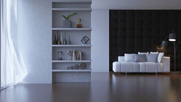 3d rendering of living room. A lot of decoration objects place on the built in shelf in the concrete wall. White sofa and dark desk lamp on timber floor which have leather wall as background