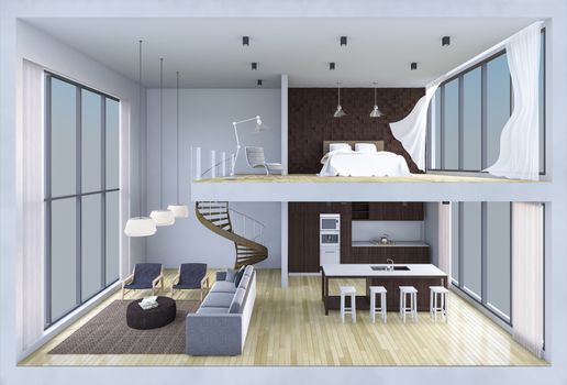 3Ds rendered image of double space apartment in living box,White fabric curtains being blown by wind, perspective view in day light