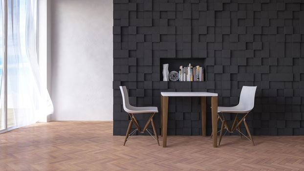 3d rendering image of table and chair infront of the dark color wall decorted by cubic pattern, have living space as background 