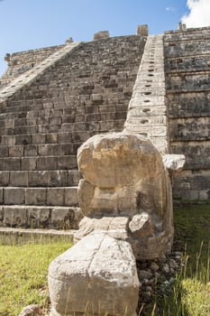 Ancient Mayan pyramid detail. Kukulcan Temple at Chichen Itza, Yucatan, Mexico