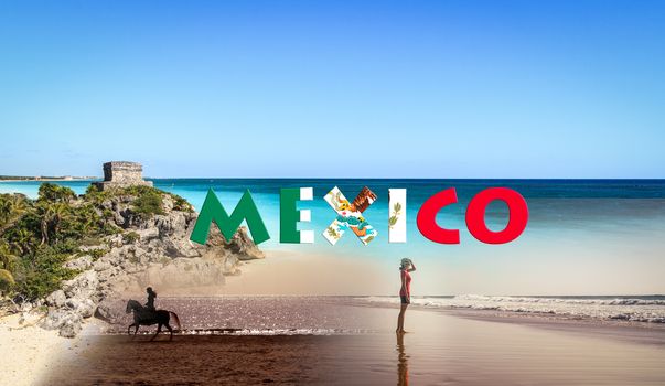 Caribbean Mexico collage. Beautiful beach with turquoise water in Tulum, riding a horse on the beach and a beautiful girl looking at the sea. Mexico letters with the national flag colors