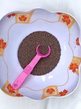 Top view of mustard seeds in a bowl kept for drying before cooking