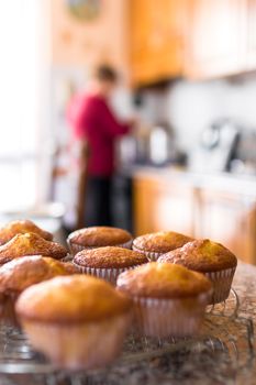 Batch of homemade freshly baked cupcakes or muffins cooling on a wire rack in the kitchen in a close up view with selective focus. Defocused blurry background. In the background the grandmother who has just cooked them.
