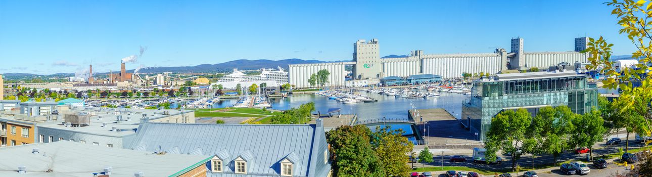 Quebec City, Canada - September 27, 2018: Panoramic view of the old port area, with locals and visitors, in Quebec City, Quebec, Canada