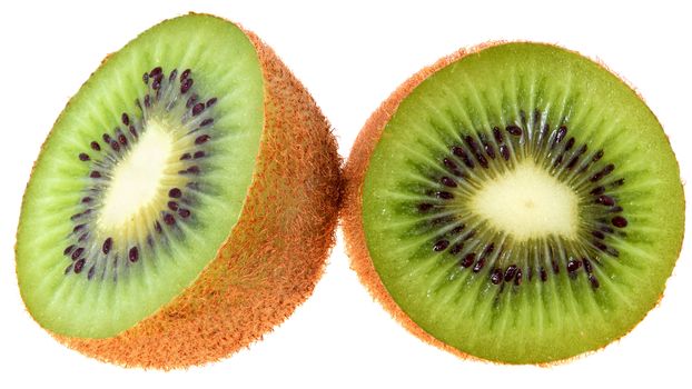 Ripe kiwi cut close up on a white background.