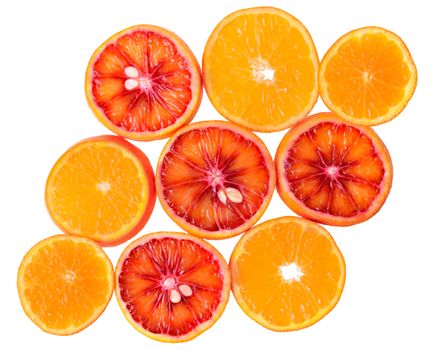 Slices of blood orange and mandarin isolated top view on white background.