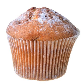 Muffin decorated with powdered sugar Isolated on a white background.