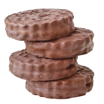 Shortbread cookie sandwich in chocolate icing isolated on a white background.