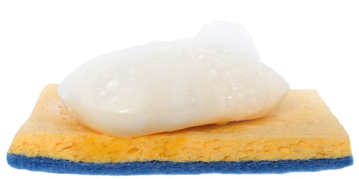 Wet soap with foam on the cleaning sponge close up isolated.