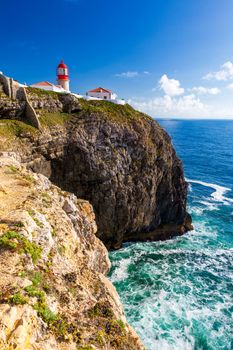 Lighthouse of Cabo Sao Vicente, Sagres, Portugal. Farol do Cabo Sao Vicente (built in october 1851) Cabo de Sao Vicente is the South Western tip of Europe, Sagres, Portugal.