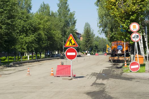 signs, stop, detour, road repair, street closed