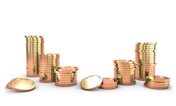 a lot of gold coins stack isolated on white background with copy space. business growth concept,Financial success concept,save money and investment concept. 3d render
