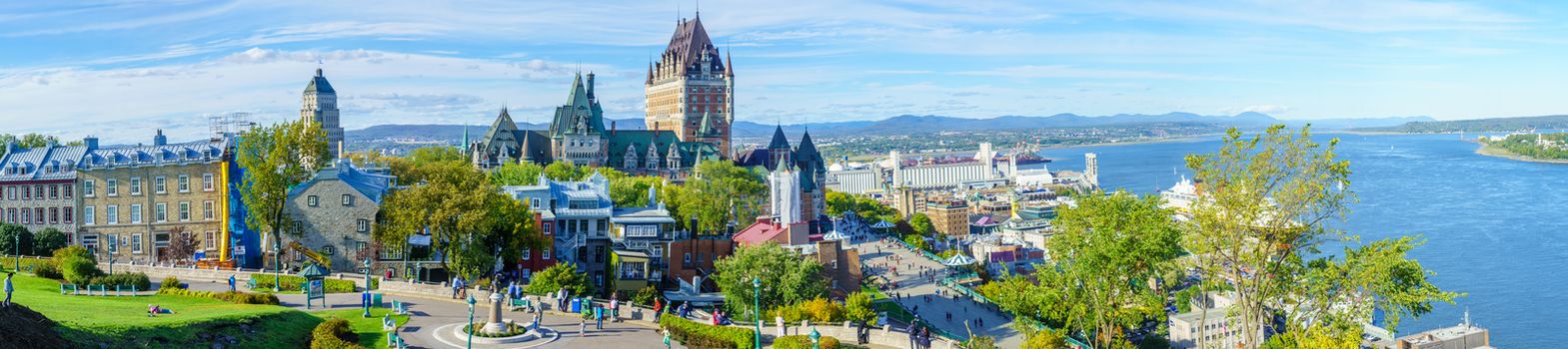 Quebec City, Canada - September 27, 2018: Panoramic view of the old town and the Saint Lawrence River from the citadel, with locals and visitors, Quebec City, Quebec, Canada