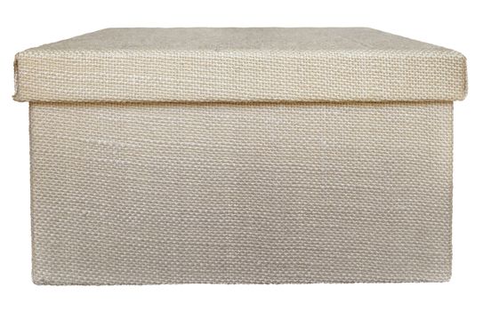 Closed beige box wrapped by burlap canvas isolated on a white background. Clipping path included.