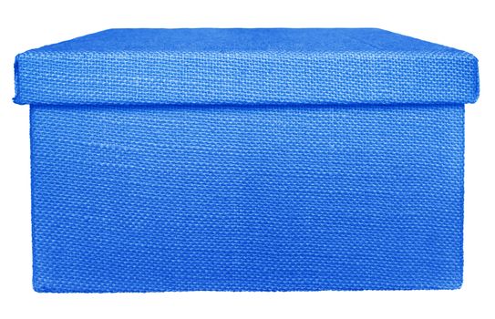 Closed blue box wrapped by burlap canvas isolated on a white background. Clipping path included.