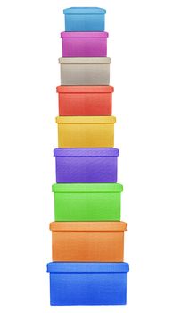 Stack of colorful boxes wrapped by burlap canvas isolated on a white background