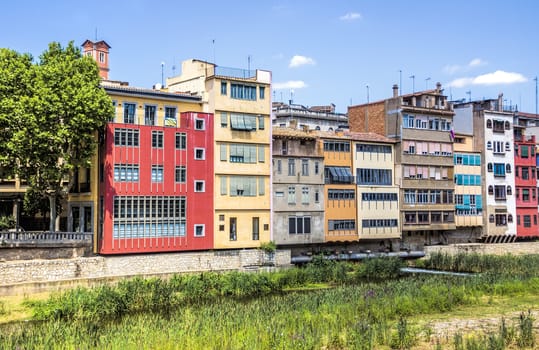 Colorful houses against blue sky in Girona, Catalonia, Spain