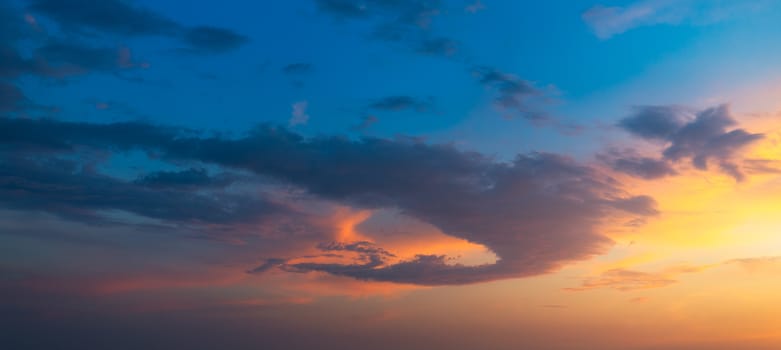 Sunset or sunrise sky above the sea. Nature, weather, atmosphere, travel theme. Sunrise or sunset over the sea. Panorama